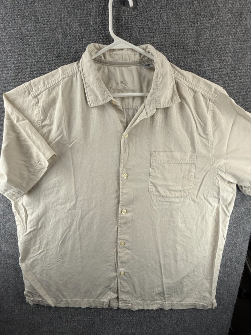 Tommy Bahama Silk Cotton Spandex XL Short Sleeve Beige Solid Pocket Casual Shirt